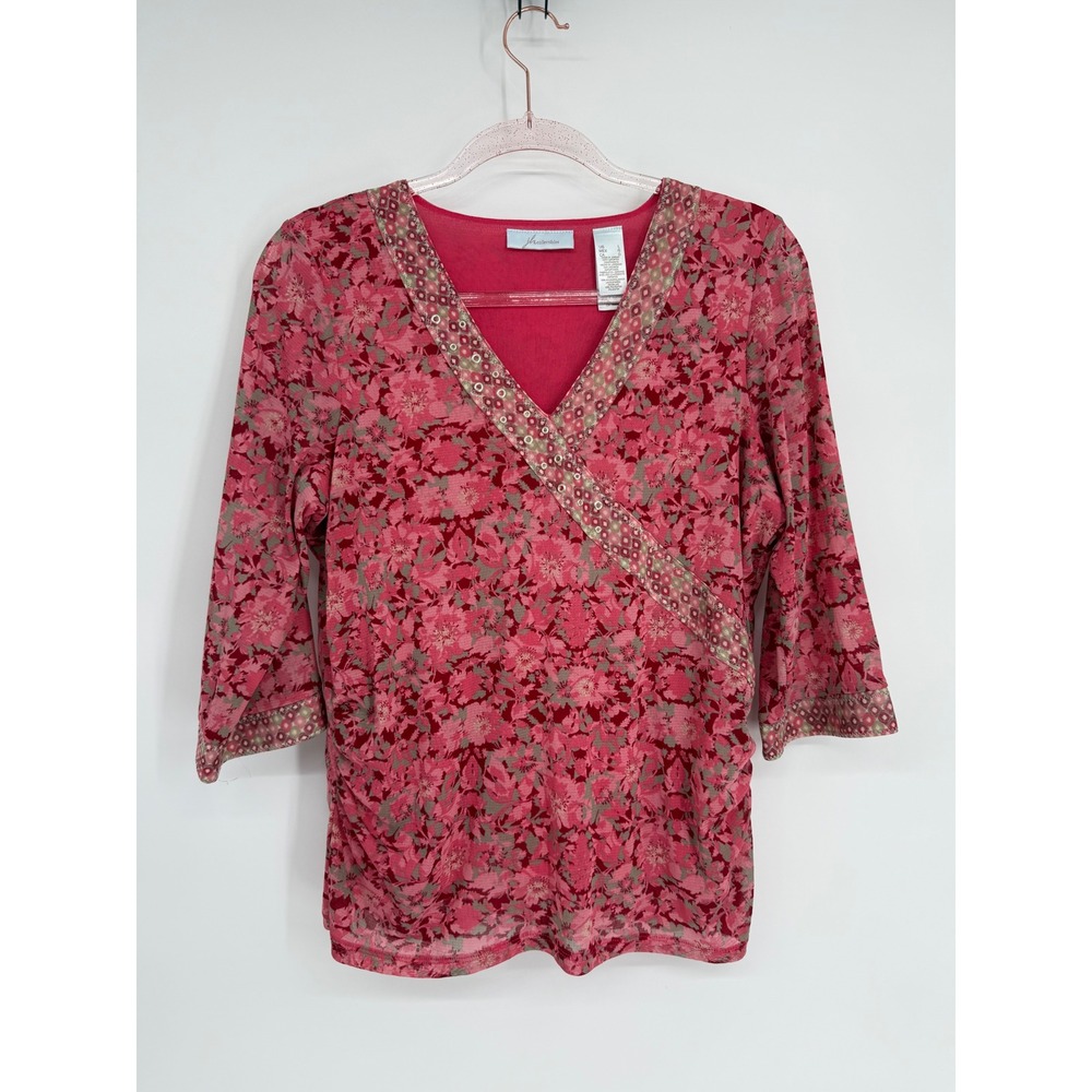 JH Collectibles Womens Floral Print V Neck 3/4 Sleeve Top Shirt L